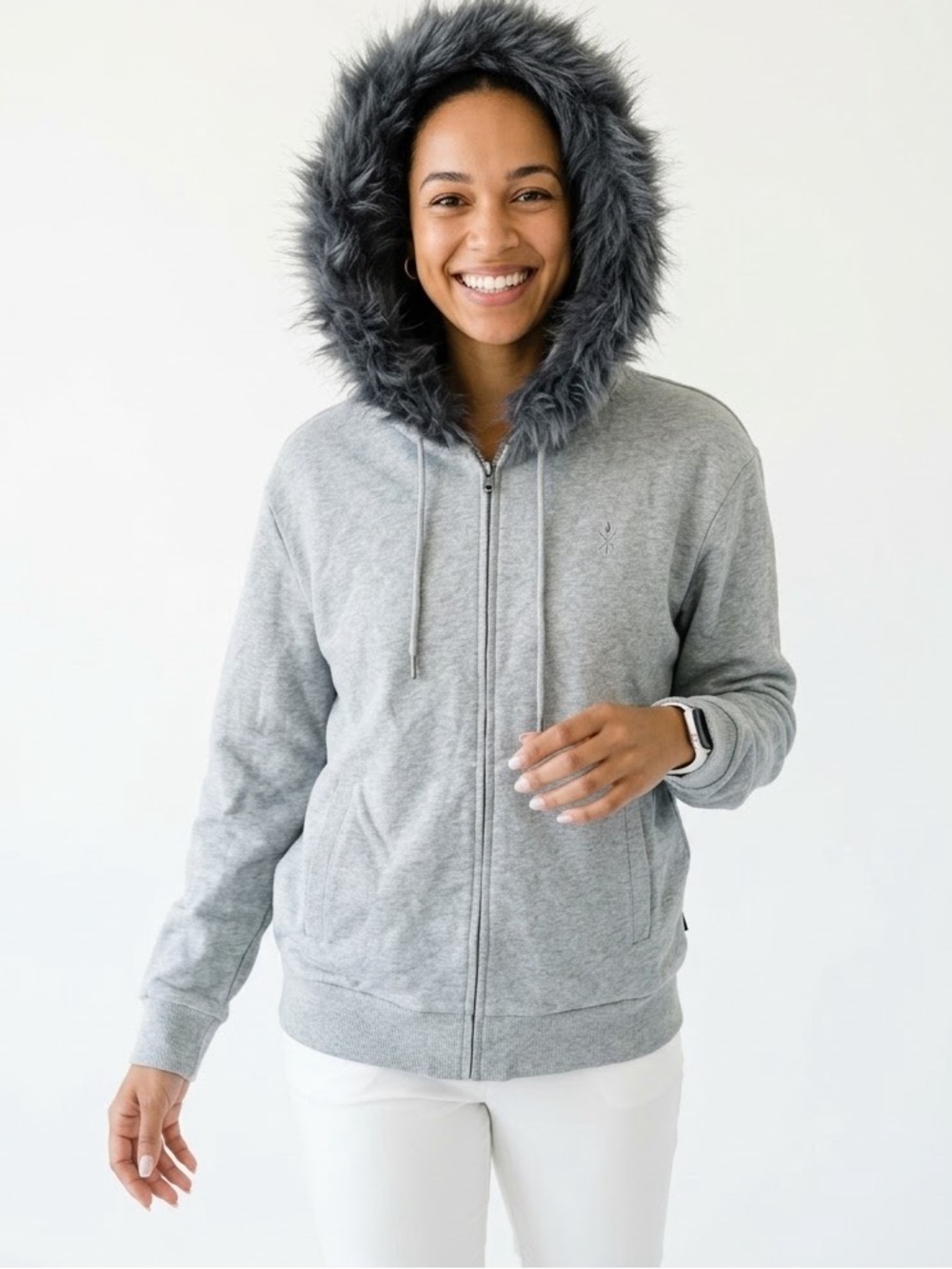 NWT Opening Ceremony Torch Logo Faux Fur Hood Zip Sweatshirt Hoodie Sz L